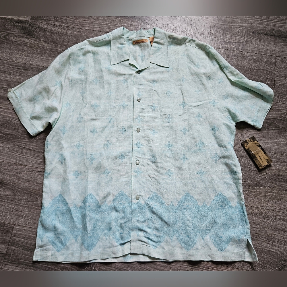 Havanera Co. Antigua Blue Linen Hawaiian Button Down Short Sleeve Shirt XXL NEW